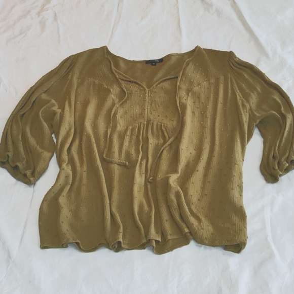 Papermoon Olive Green V Neck 3/4 Sleeve Flowy Top Blouse Size 2X Comfy Cotton - Picture 2 of 10